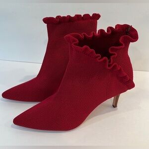 Sole Society Darinah red ruffle fabric slip on kitten high heel ankle bootie